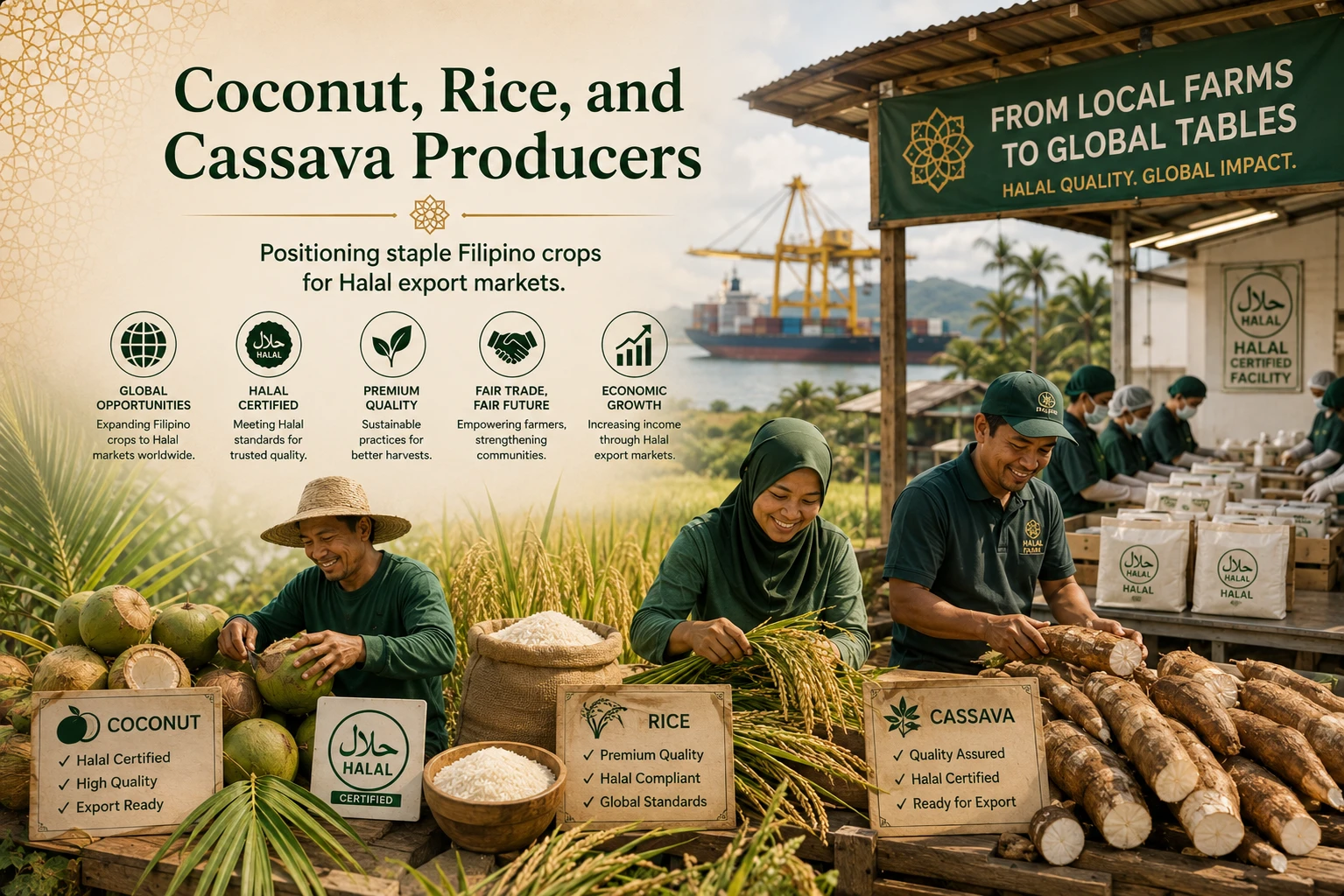 Coconut, rice, and cassava producers — AI-generated illustration